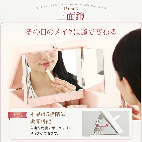 三面鏡付き カラフル木製メイクボックス