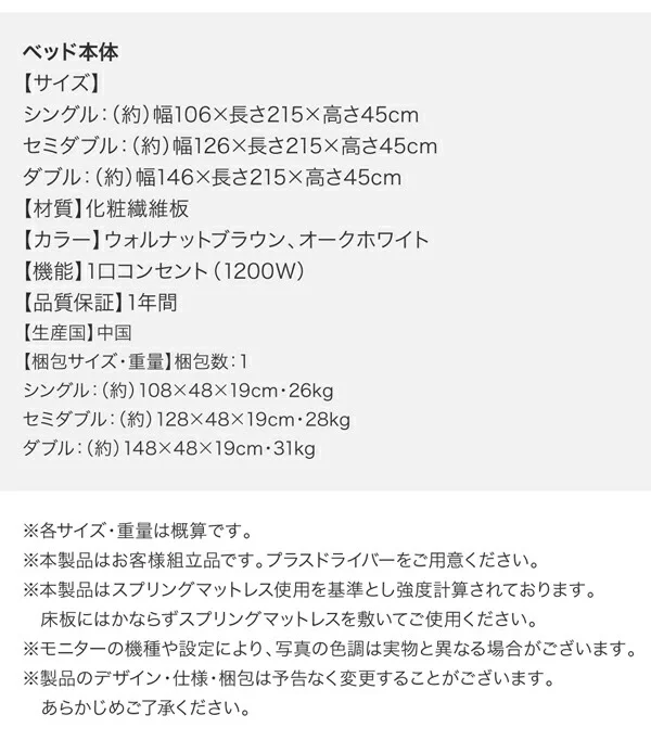 棚・コンセント付きフロアベッド W.coRe ダブルコア ベッドフレームのみ シングル