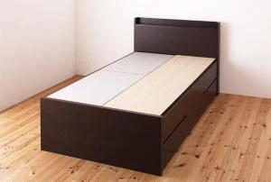 お客様組立 棚・コンセント付き_大容量コンパクトチェストベッド Refes リフェス ベッドフレームのみ セミシングル ショート丈