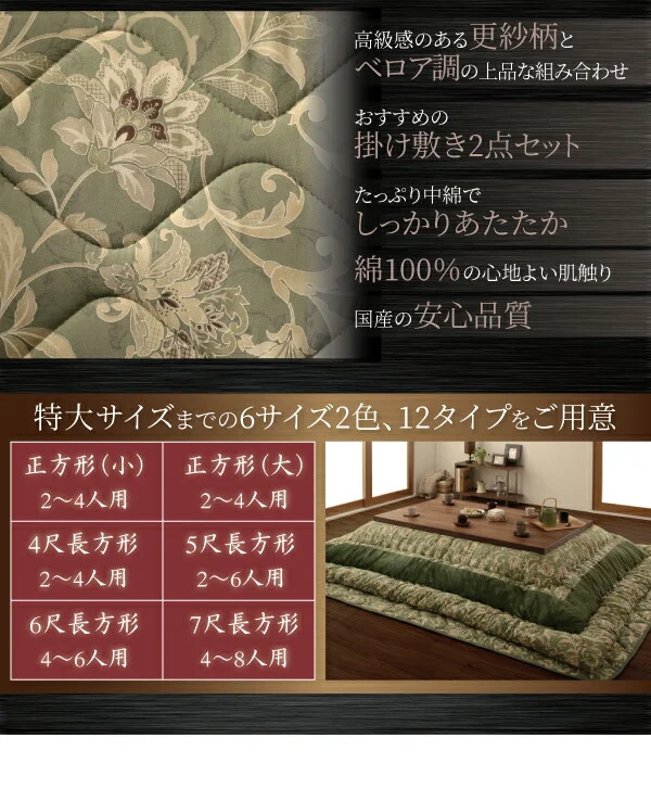 更紗模様こたつ布団 掛布団&敷布団2点セット 正方形(75×75cm)天板対応