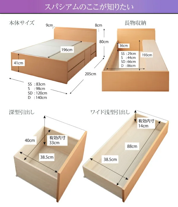 お客様組立 日本製_棚・コンセント付き_大容量チェストベッド Spatium スパシアン ベッドフレームのみ セミシングル