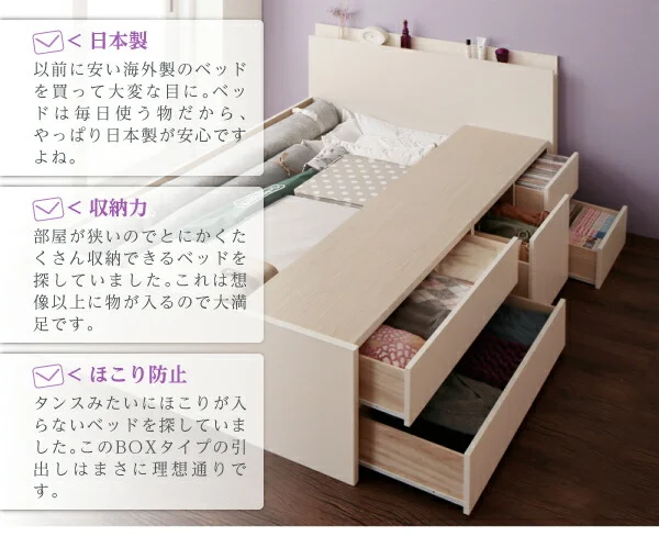 お客様組立 日本製_棚・コンセント付き_大容量チェストベッド Spatium スパシアン ベッドフレームのみ セミシングル