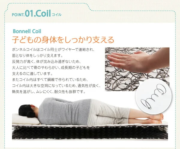 子どもの睡眠環境を考えた 安眠マットレス 薄型・軽量・高通気　ジュニア ボンネルコイル EVA エヴァ セミシングル ショート丈