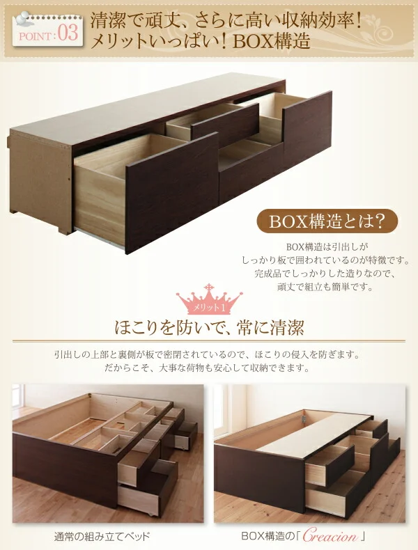 お客様組立 日本製_ヘッドレス大容量コンパクトチェストベッド Creacion クリージョン ベッドフレームのみ セミシングル ショート丈