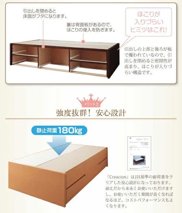お客様組立 日本製_ヘッドレス大容量コンパクトチェストベッド Creacion クリージョン ベッドフレームのみ セミシングル ショート丈