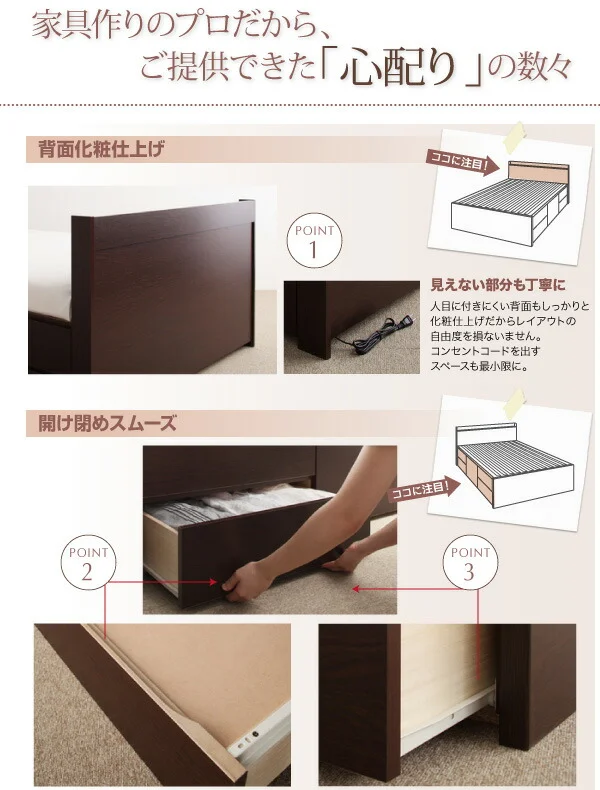 お客様組立 日本製_棚・コンセント付き大容量すのこチェストベッド Salvato サルバト ベッドフレームのみ セミシングル