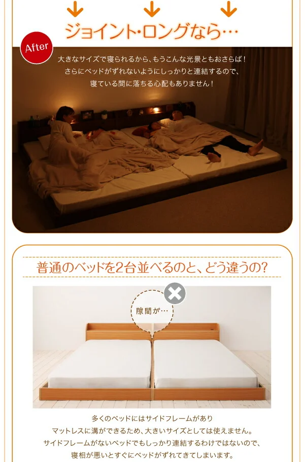 棚・照明・コンセント付ロング丈連結ベッド JointLong ジョイント・ロング ベッドフレームのみ セミシングル ロング丈