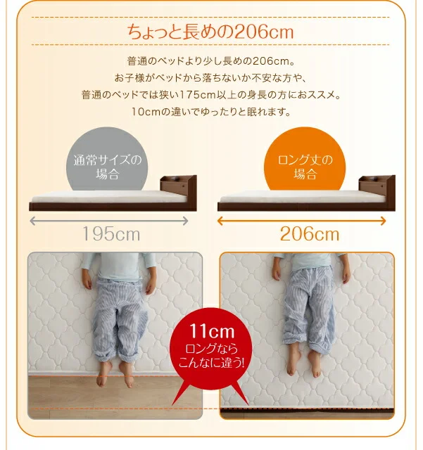棚・照明・コンセント付ロング丈連結ベッド JointLong ジョイント・ロング ベッドフレームのみ セミシングル ロング丈