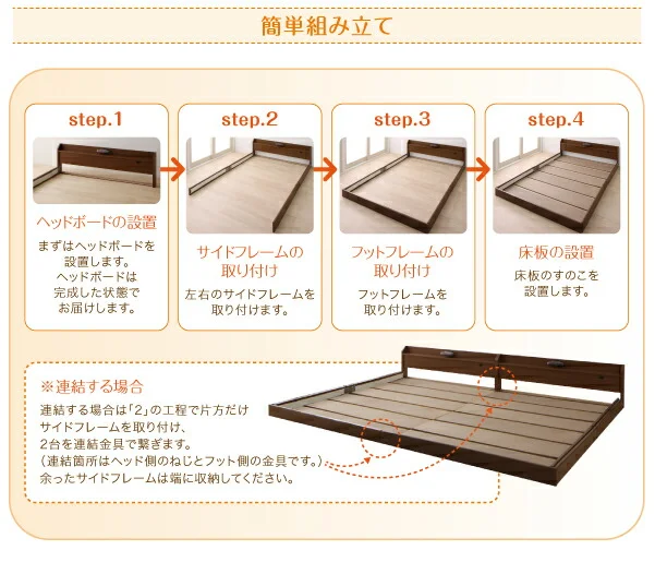 棚・照明・コンセント付ロング丈連結ベッド JointLong ジョイント・ロング ベッドフレームのみ セミシングル ロング丈