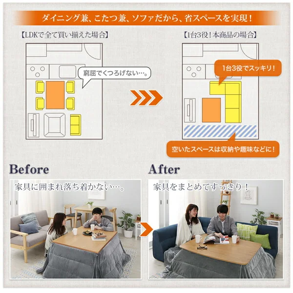 こたつもソファも高さ調節できるリビングダイニングセット puits ピュエ 4点セット(テーブル+2Pソファ1脚+1Pソファ1脚+コーナーソファ1脚) W105