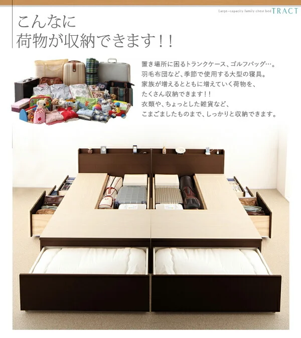 お客様組立 大容量収納ファミリーチェストベッド TRACT トラクト ベッドフレームのみ A+A ワイドK200