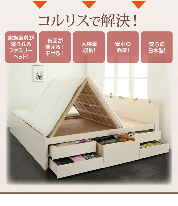 お客様組立 国産大容量収納ファミリーチェストベッド ベッドフレームのみ ワイドK200