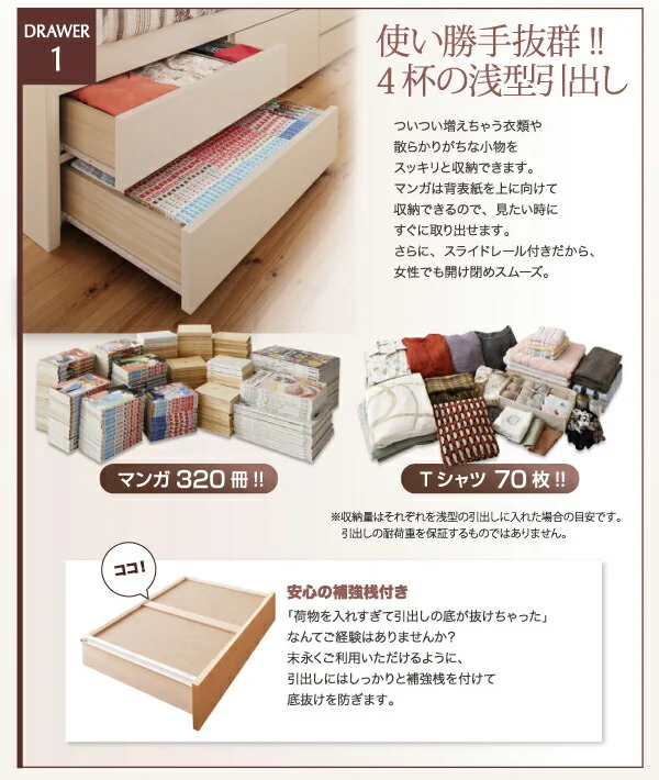 お客様組立 国産大容量収納ファミリーチェストベッド ベッドフレームのみ ワイドK200