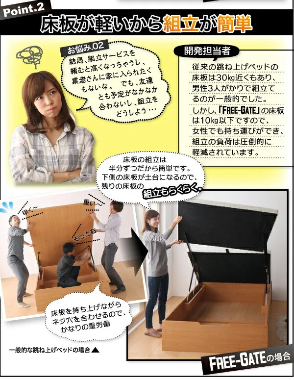 お客様組立 搬入楽々棚コンセント跳ね上げベッド Free-Gate フリーゲート ベッドフレームのみ 縦開き セミシングル 深さレギュラー