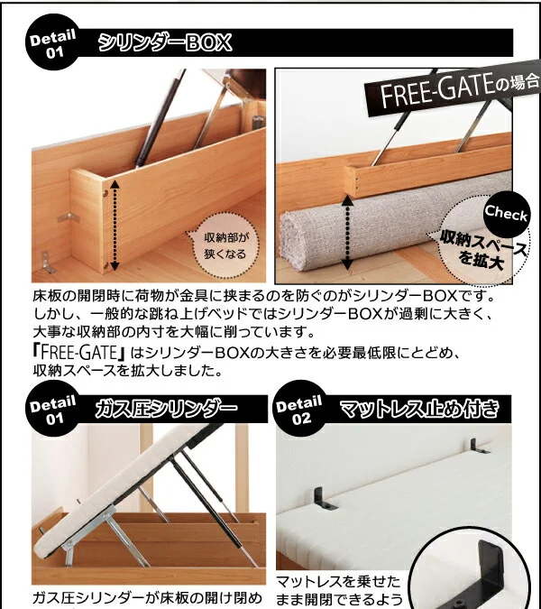 お客様組立 搬入楽々棚コンセント跳ね上げベッド Free-Gate フリーゲート ベッドフレームのみ 縦開き セミシングル 深さレギュラー