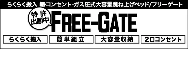 お客様組立 搬入楽々棚コンセント跳ね上げベッド Free-Gate フリーゲート ベッドフレームのみ 縦開き セミシングル 深さレギュラー