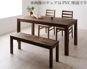 総無垢材ワイドダイニング Cursus クルスス 4点セット(テーブル+チェア2脚+ベンチ1脚) ウォールナット 板座 W160