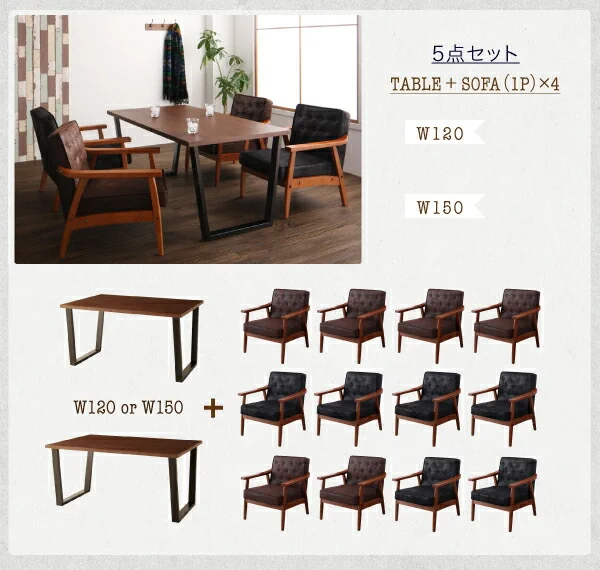 ヴィンテージスタイル ソファダイニングセット Bedox ベドックス 3点セット(テーブル+2Pソファ2脚) W120
