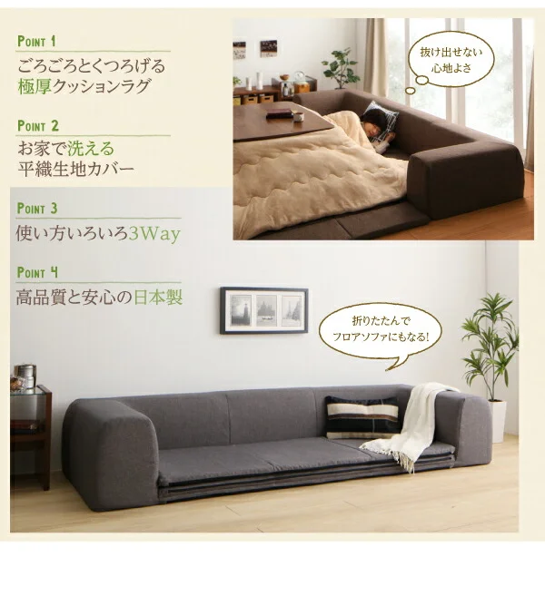 年中清潔 フロアソファになる洗えるクッションラグ 小 200×174cm