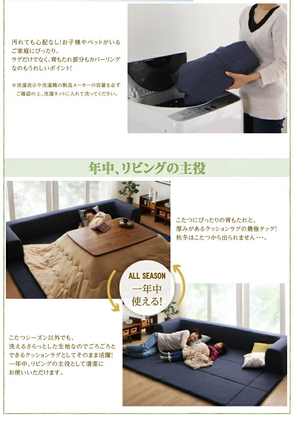 年中清潔 フロアソファになる洗えるクッションラグ 小 200×174cm