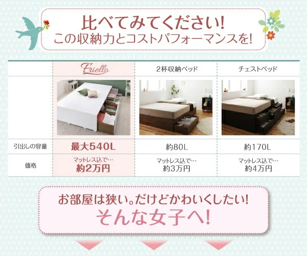 衣装ケースも入る大容量収納ベッド Friello フリエーロ ベッドフレームのみ 引き出しなし シングル