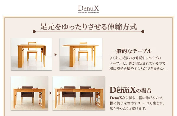 三段階伸縮式 シェルフ付きダイニングセット DenuX ディナックス ダイニングテーブル W120-180