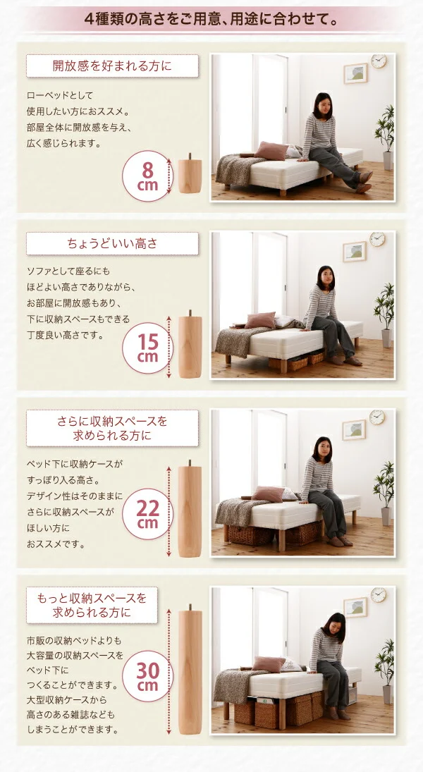 ショート丈分割式 脚付きマットレスベッド ボンネル お買い得ベッドパッド・シーツは別売り セミシングル ショート丈 脚8cm