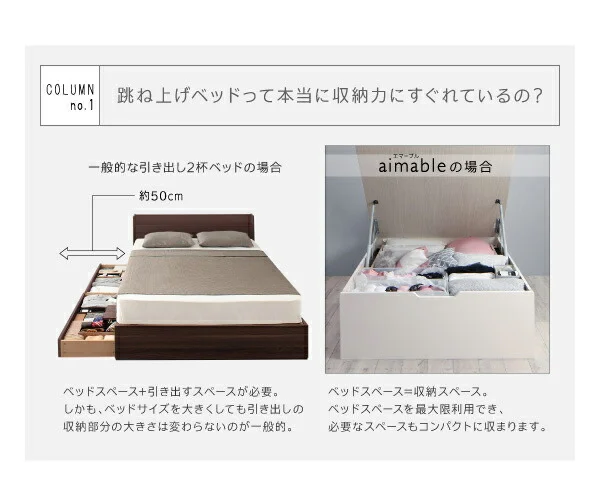お客様組立 クローゼット跳ね上げベッド aimable エマーブル ベッドフレームのみ 縦開き セミシングル ショート丈 深さラージ