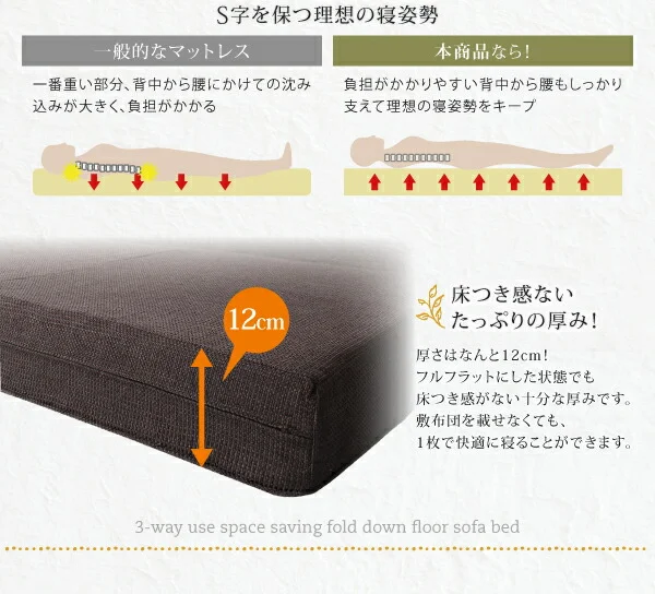 腰をしっかり支える スペース活用3WAYコンパクトフロアソファベッド Ernee エルネ 幅120cm