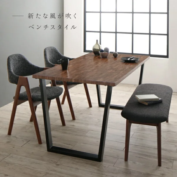 古木風×スチール脚ナチュラルモダンデザインダイニング FOLKIS フォーキス 4点セット(テーブル+チェア2脚+ベンチ1脚) NA W120