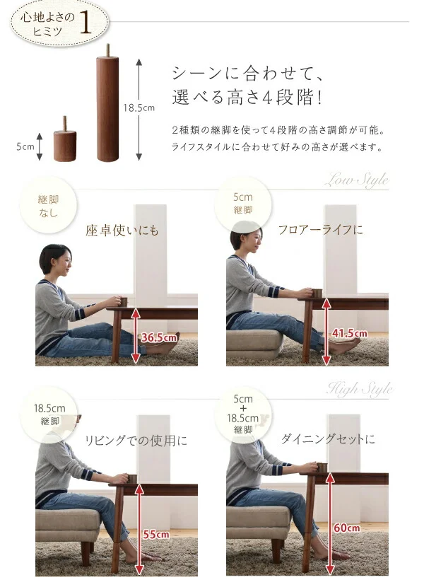 ずっと使えて快適。こたつもソファも高さ調節できるソファダイニングセット Famoria ファモリア 4点セット(テーブル+2Pソファ1脚+1Pソファ2脚) W135