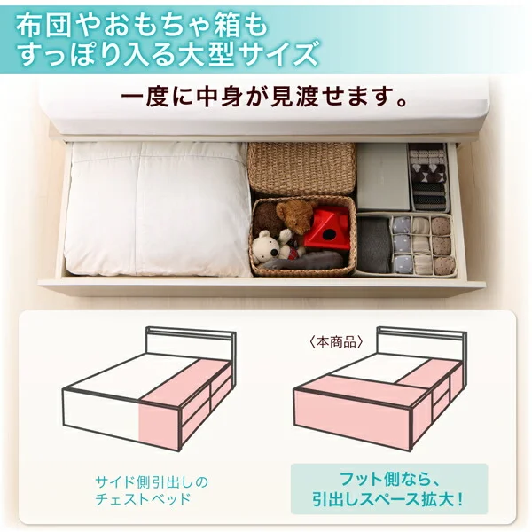 お客様組立 国産 ワイド深型引き出しチェストベッド 棚・コンセント付 Lage ラージュ ベッドフレームのみ シングル
