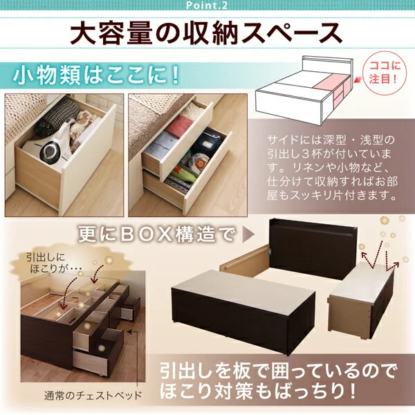 お客様組立 国産 ワイド深型引き出しチェストベッド 棚・コンセント付 Lage ラージュ ベッドフレームのみ シングル