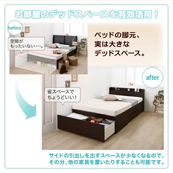 お客様組立 国産 ワイド深型引き出しチェストベッド 棚・コンセント付 Lage ラージュ ベッドフレームのみ シングル