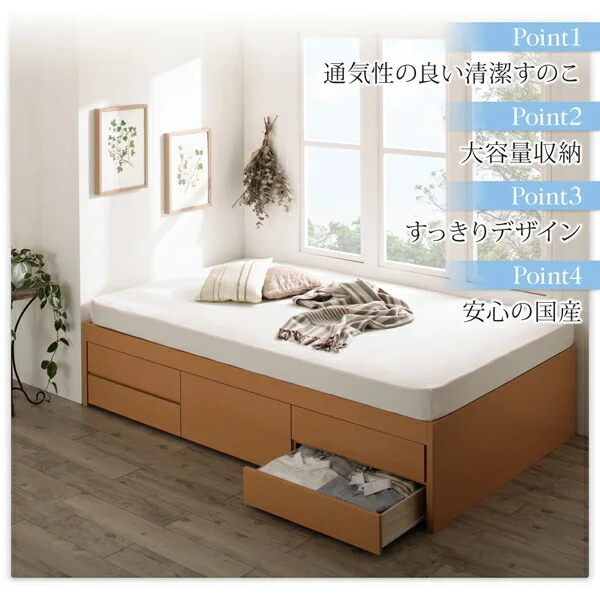 お客様組立 国産 清潔すのこ ヘッドレスチェストベッド Renitsa レニツァ ベッドフレームのみ セミシングル
