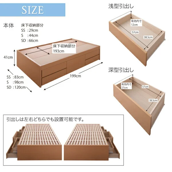 お客様組立 国産 清潔すのこ ヘッドレスチェストベッド Renitsa レニツァ ベッドフレームのみ セミシングル