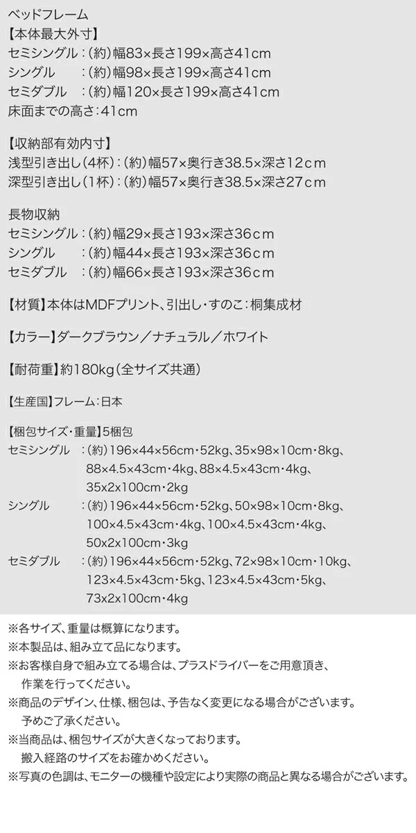 お客様組立 国産 清潔すのこ ヘッドレスチェストベッド Renitsa レニツァ ベッドフレームのみ セミシングル
