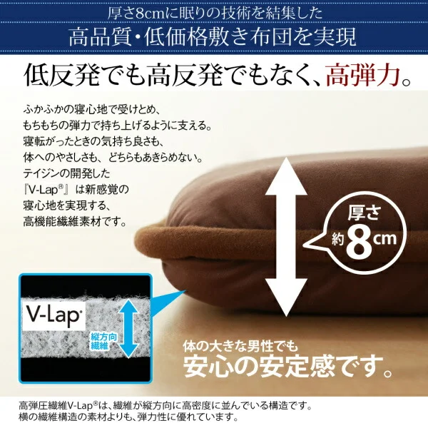 テイジン V-Lap使用 日本製 体圧分散で腰にやさしい 朝の目覚めを考えた超軽量・高弾力敷布団 シングル