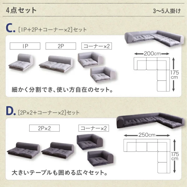 セットが選べるレイアウト自在のフロアコーナーソファ fleche フレーシュ ソファ2点セット 2P+コーナー