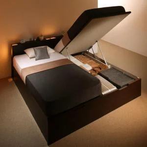 お客様組立 棚・照明・コンセント付国産大型跳ね上げ収納ベッド Caudillne コーディルネ ベッドフレームのみ 縦開き クイーン(SS×2)
