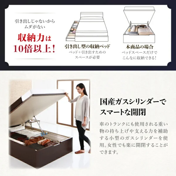 お客様組立 棚・コンセント付国産大型サイズ跳ね上げ収納ベッド Landelutz ランデルッツ ベッドフレームのみ 縦開き クイーン(SS×2)