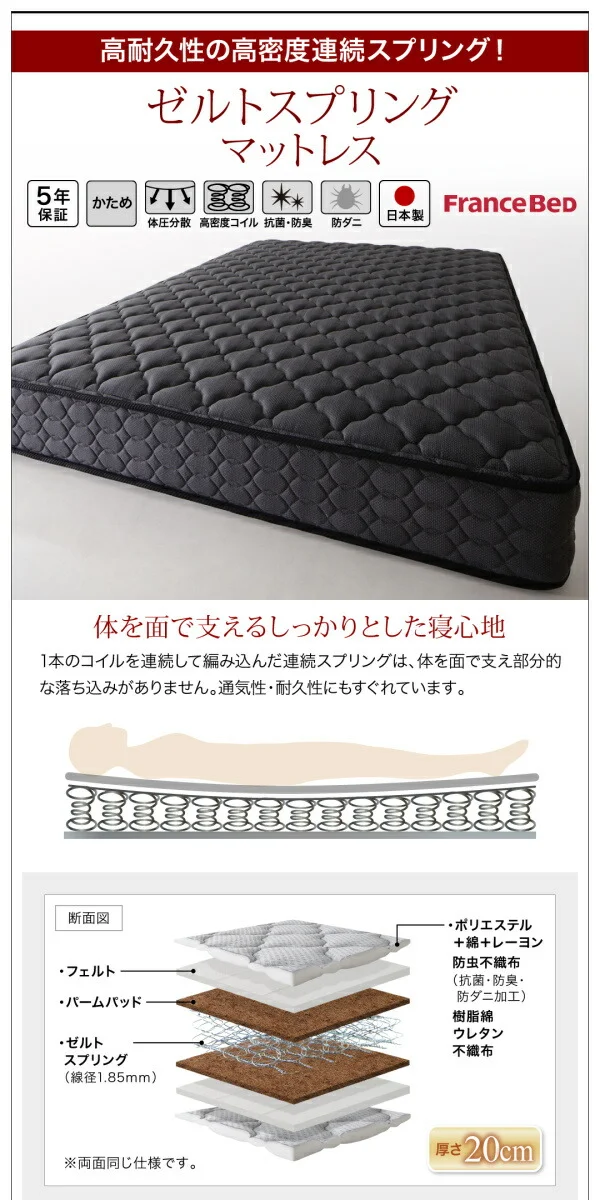 お客様組立 棚・コンセント付国産大型サイズ跳ね上げ収納ベッド Landelutz ランデルッツ ベッドフレームのみ 縦開き クイーン(SS×2)