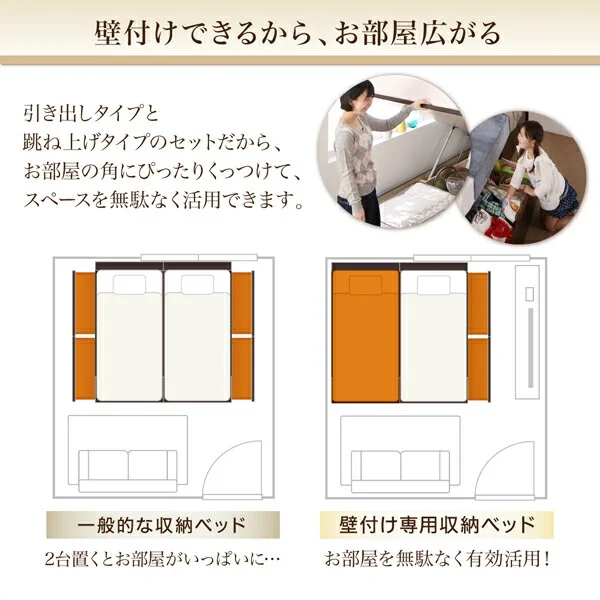 お客様組立 壁付できる棚コンセント付国産ファミリー収納ベッド Kirchen キルヒェン ベッドフレームのみ A+Bタイプ ワイドK200