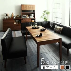 大人数でもゆったりくつろげる 大型L字リビングダイニングセット LINER ライナー 5点セット(テーブル+2Pソファ2脚+アームソファ1脚+ベンチ1脚) 右アーム W120-180