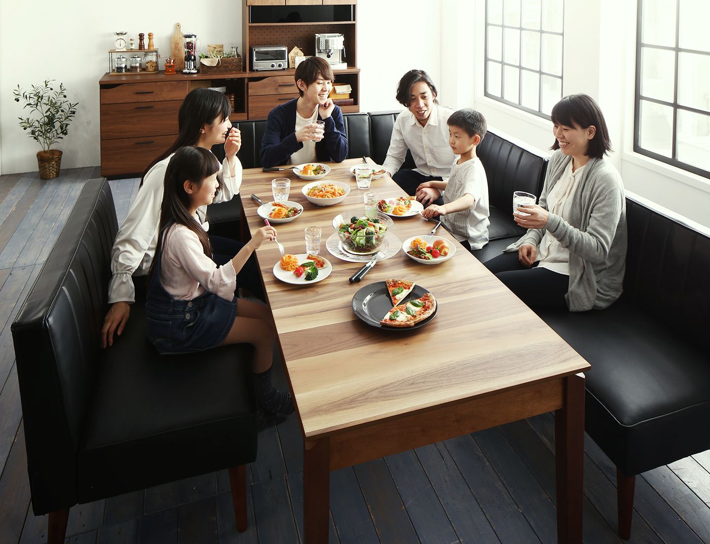 大人数でもゆったりくつろげる 大型L字リビングダイニングセット LINER ライナー 5点セット(テーブル+2Pソファ2脚+アームソファ1脚+ベンチ1脚) 右アーム W120-180