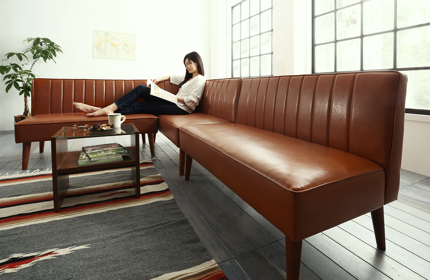 大人数でもゆったりくつろげる 大型L字リビングダイニングセット LINER ライナー 5点セット(テーブル+2Pソファ2脚+アームソファ1脚+ベンチ1脚) 右アーム W120-180