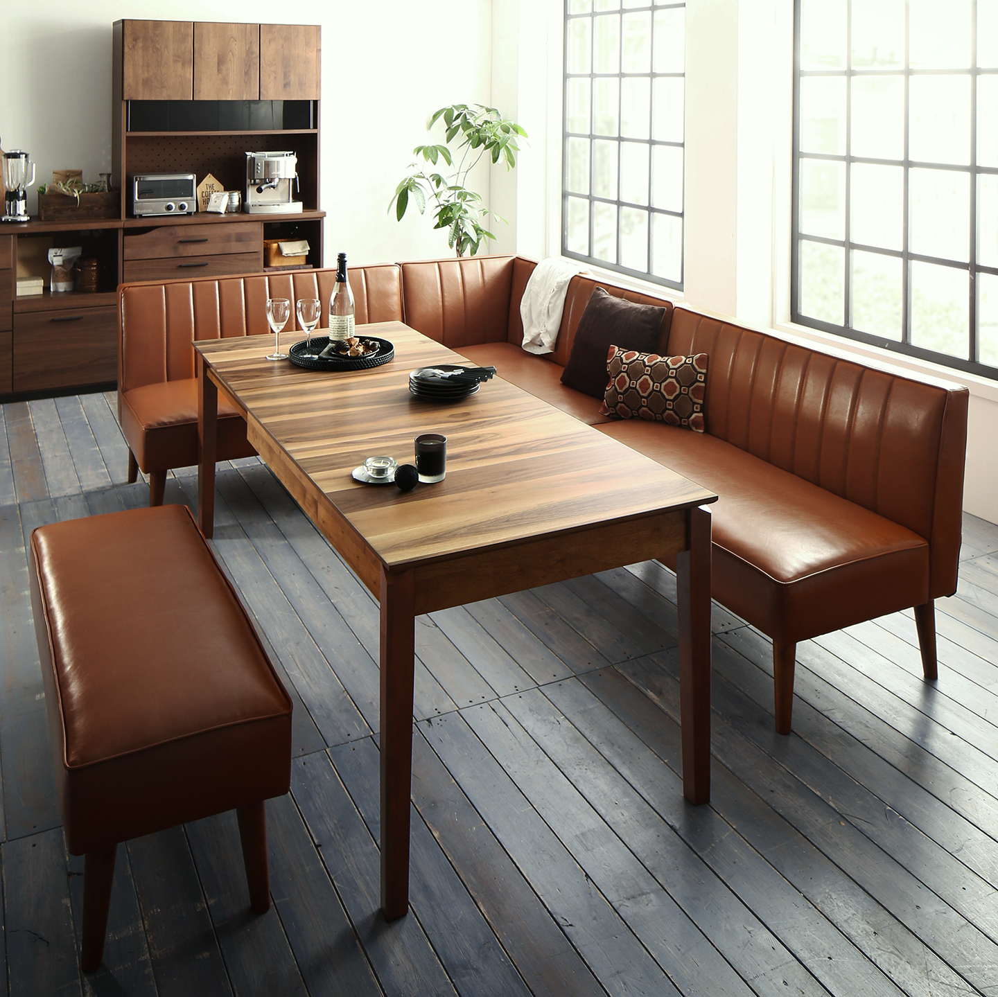 大人数でもゆったりくつろげる 大型L字リビングダイニングセット LINER ライナー 5点セット(テーブル+2Pソファ2脚+アームソファ1脚+ベンチ1脚) 右アーム W120-180