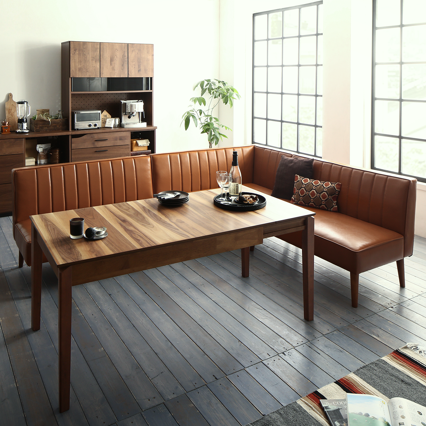 大人数でもゆったりくつろげる 大型L字リビングダイニングセット LINER ライナー 5点セット(テーブル+2Pソファ2脚+アームソファ1脚+ベンチ1脚) 右アーム W120-180