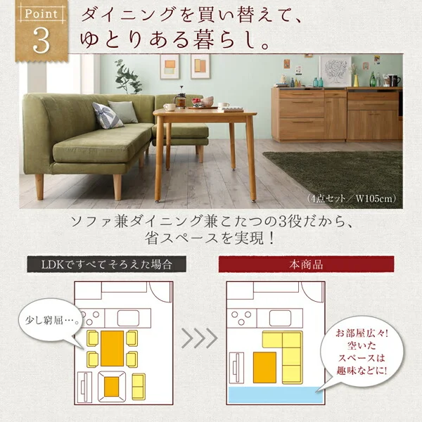 年中快適 こたつもソファも高さ調節 リビングダイニングセット Maine メーヌ 4点セット(テーブル+2Pソファ1脚+1Pソファ1脚+コーナーソファ1脚) W105