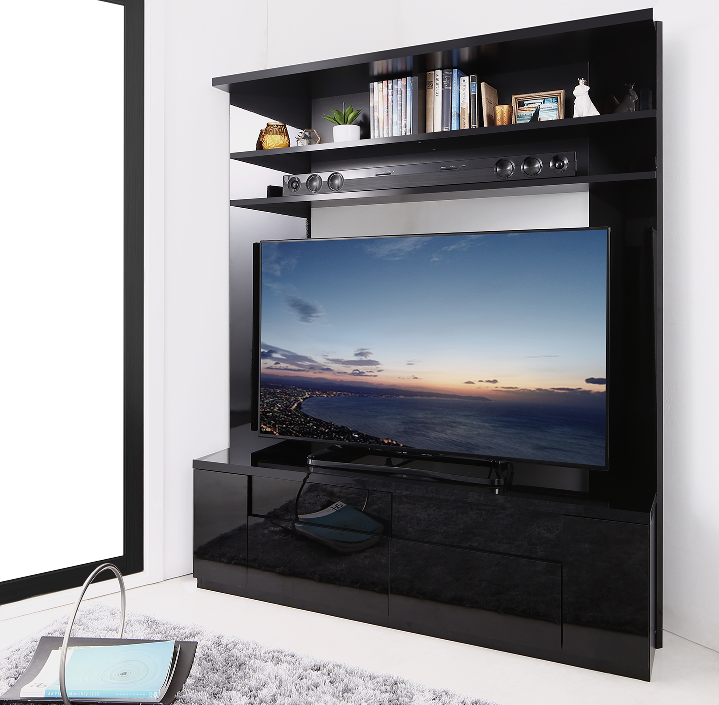 鏡面仕上げ　大型テレビ対応ハイタイプコーナーテレビボード Prelumo プレルモ